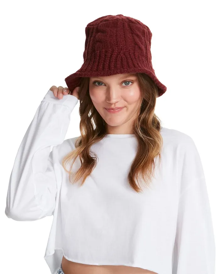 Steve Madden Cable Knit Bucket Hat Wine Womens Hats and Hair Accessories Steve Madden Cable Knit Bucket Hat Wine Womens Hats and Hair Accessories