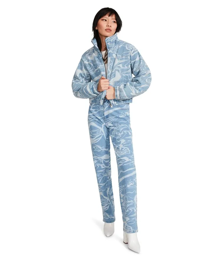 Steve Madden Denim Swirl Puffer Denim Fabric Womens Jackets and Coats