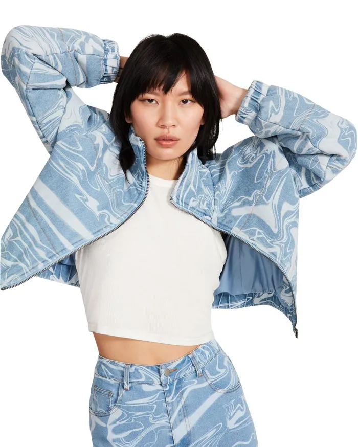 Steve Madden Denim Swirl Puffer Denim Fabric Womens Jackets and Coats Steve Madden Denim Swirl Puffer Denim Fabric Womens Jackets and Coats