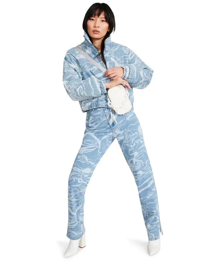 Steve Madden Denim Swirl Puffer Denim Fabric Womens Jackets and Coats Steve Madden Denim Swirl Puffer Denim Fabric Womens Jackets and Coats