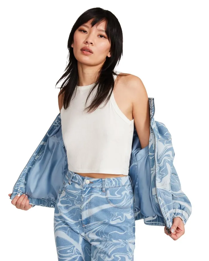 Steve Madden Denim Swirl Puffer Denim Fabric Womens Jackets and Coats Steve Madden Denim Swirl Puffer Denim Fabric Womens Jackets and Coats