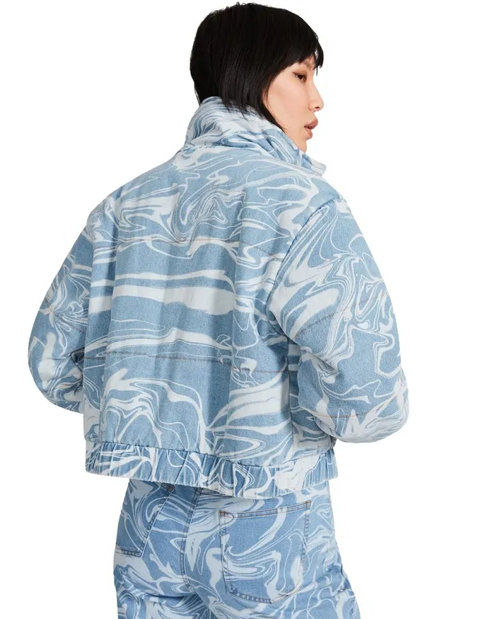 Steve Madden Denim Swirl Puffer Denim Fabric Womens Jackets and Coats Steve Madden Denim Swirl Puffer Denim Fabric Womens Jackets and Coats
