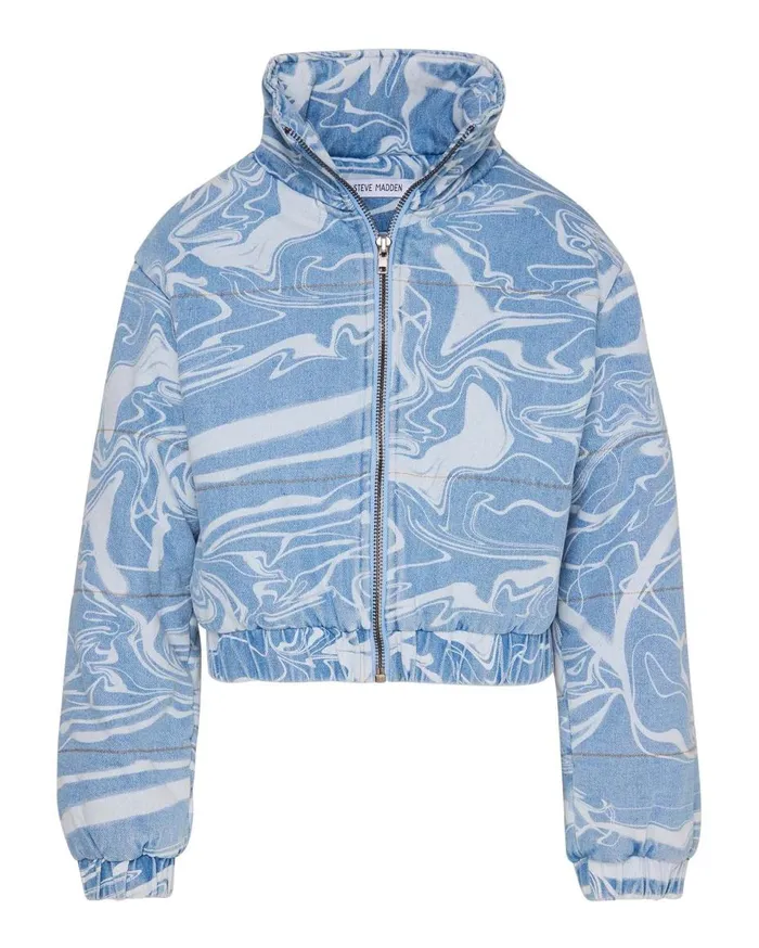 Steve Madden Denim Swirl Puffer Denim Fabric Womens Jackets and Coats Steve Madden Denim Swirl Puffer Denim Fabric Womens Jackets and Coats
