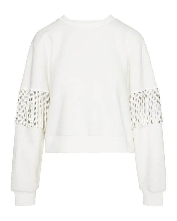Steve Madden Rhinestone Fringe Crew Neck White Womens Tops