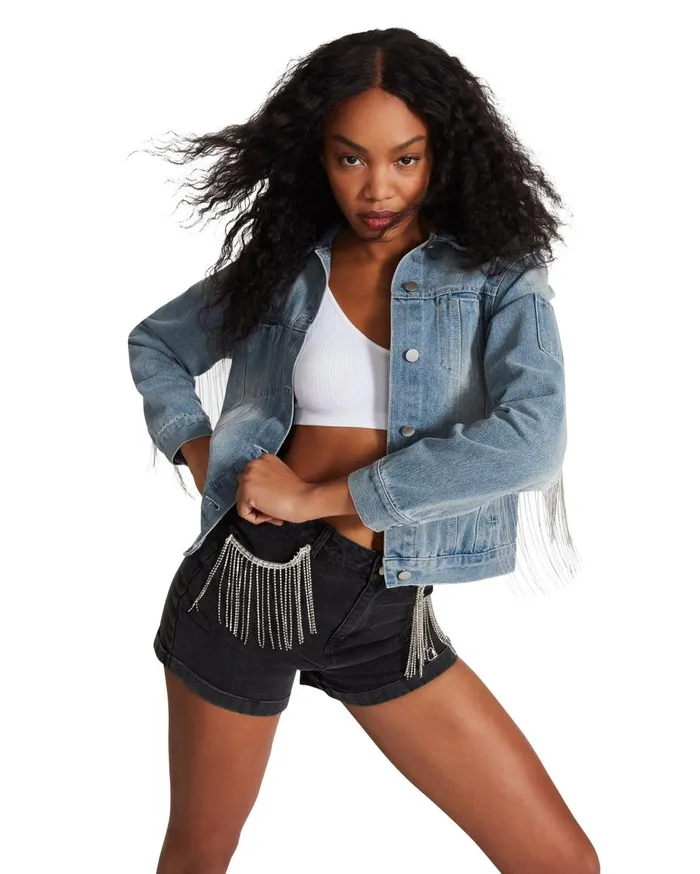 Steve Madden Rhinestone Fringe Denim Jacket Denim Fabric Womens Jackets and Coats Steve Madden Rhinestone Fringe Denim Jacket Denim Fabric Womens Jackets and Coats