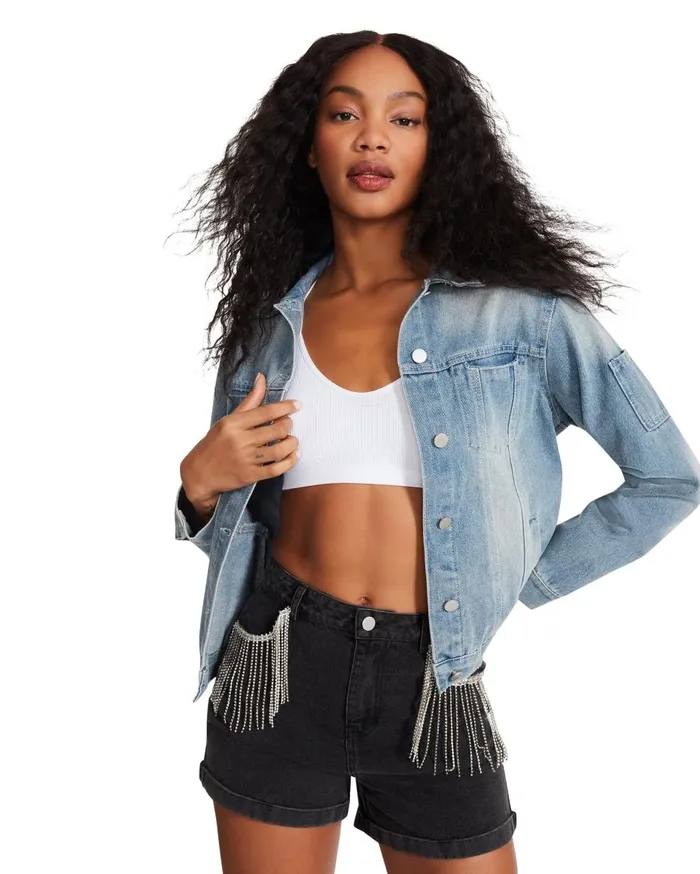 Steve Madden Rhinestone Fringe Denim Jacket Denim Fabric Womens Jackets and Coats Steve Madden Rhinestone Fringe Denim Jacket Denim Fabric Womens Jackets and Coats