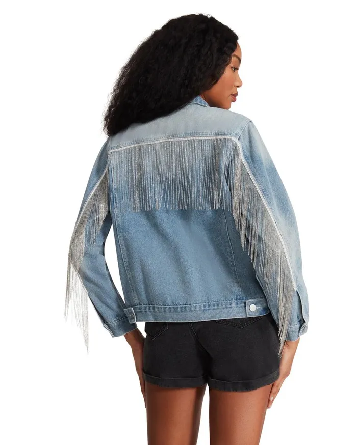 Steve Madden Rhinestone Fringe Denim Jacket Denim Fabric Womens Jackets and Coats Steve Madden Rhinestone Fringe Denim Jacket Denim Fabric Womens Jackets and Coats