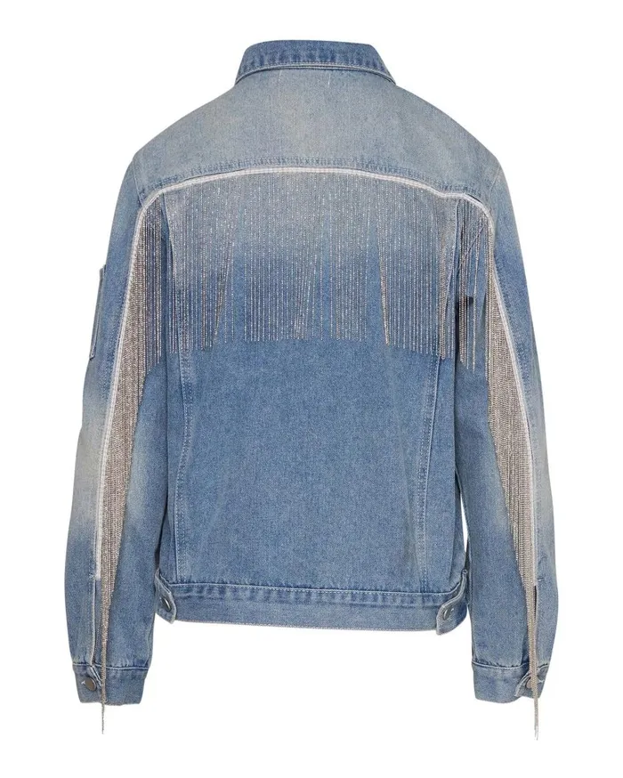 Steve Madden Rhinestone Fringe Denim Jacket Denim Fabric Womens Jackets and Coats Steve Madden Rhinestone Fringe Denim Jacket Denim Fabric Womens Jackets and Coats