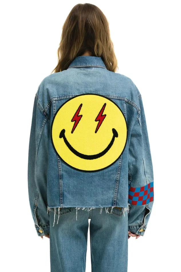 Stoked Bolt Smiley Oversized Cutoff Denim Jacket 8211 Vintage WomenMen Aviator Nation Denim Stoked Bolt Smiley Oversized Cutoff Denim Jacket 8211 Vintage WomenMen Aviator Nation Denim