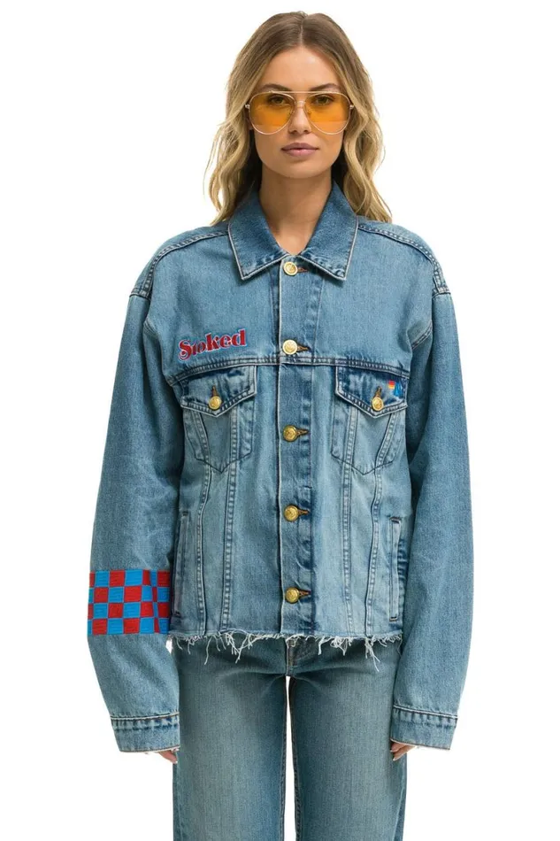 Stoked Bolt Smiley Oversized Cutoff Denim Jacket 8211 Vintage WomenMen Aviator Nation Denim