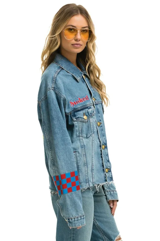 Stoked Bolt Smiley Oversized Cutoff Denim Jacket 8211 Vintage WomenMen Aviator Nation Denim