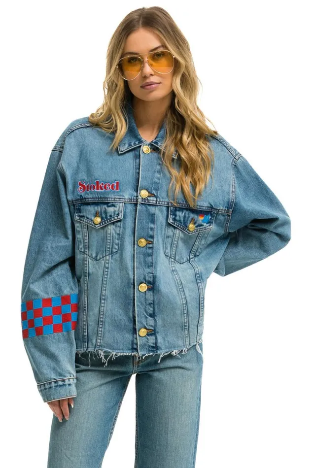 Stoked Bolt Smiley Oversized Cutoff Denim Jacket 8211 Vintage WomenMen Aviator Nation Denim
