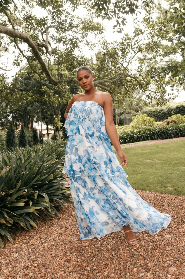 Strapless Dresses Petal and Pup Women Bloom Strapless Maxi Dress Blue White Floral