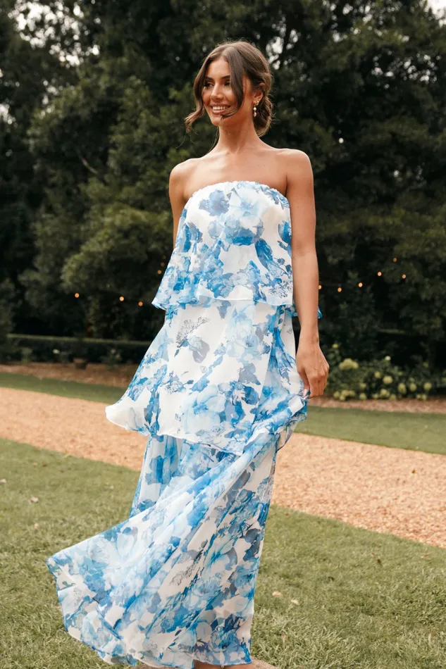 Strapless Dresses Petal and Pup Women Bloom Strapless Maxi Dress Blue White Floral