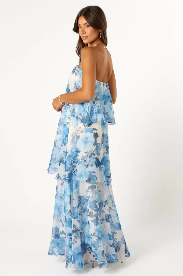 Strapless Dresses Petal and Pup Women Bloom Strapless Maxi Dress Blue White Floral