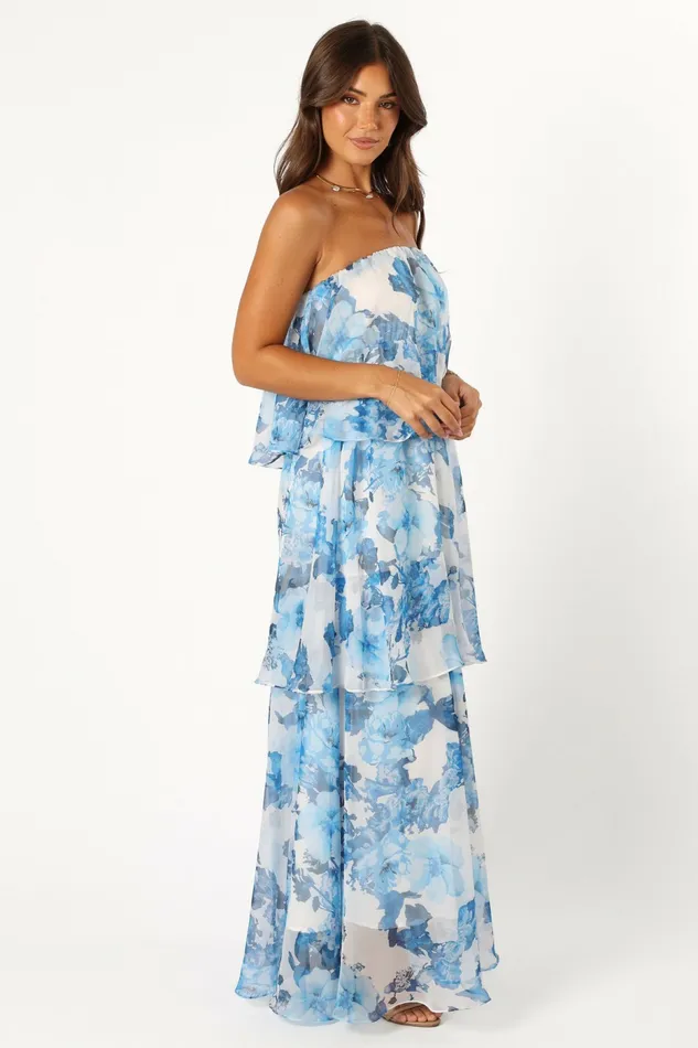 Strapless Dresses Petal and Pup Women Bloom Strapless Maxi Dress Blue White Floral
