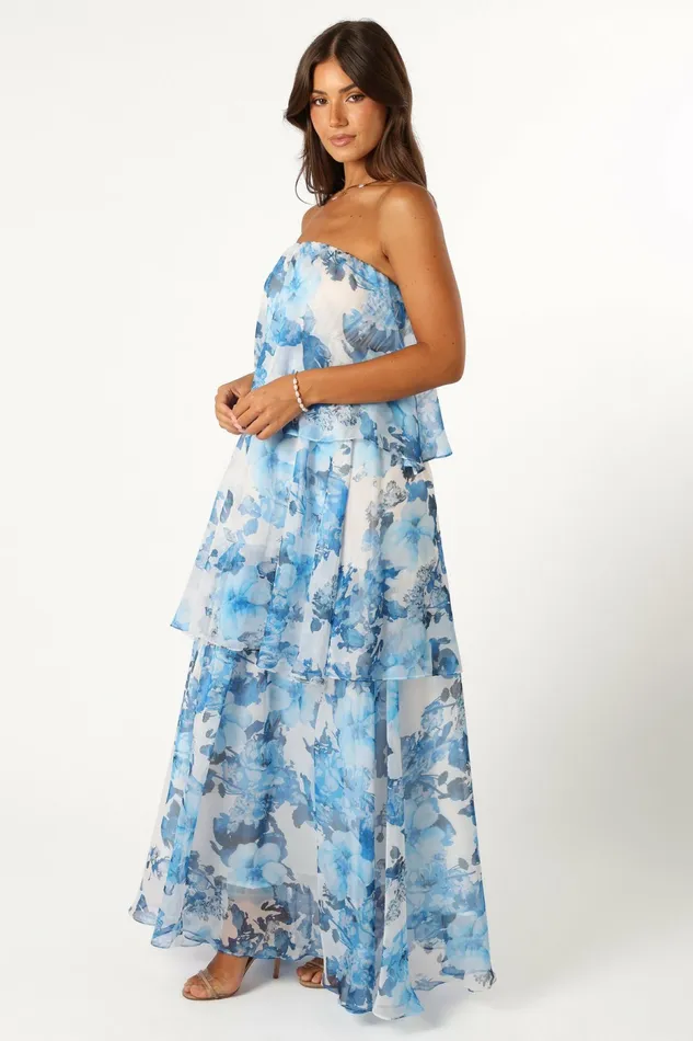 Strapless Dresses Petal and Pup Women Bloom Strapless Maxi Dress Blue White Floral