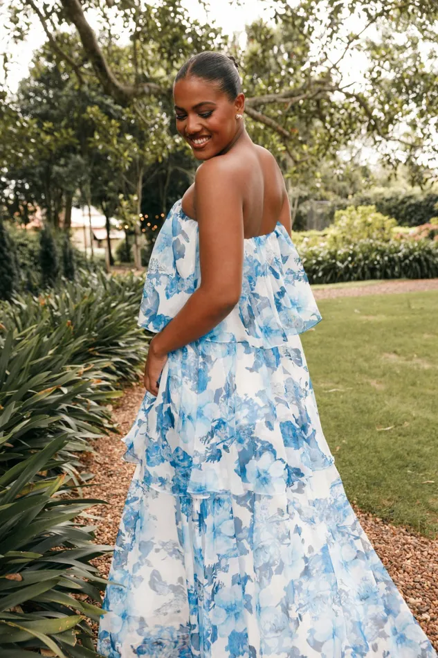 Strapless Dresses Petal and Pup Women Bloom Strapless Maxi Dress Blue White Floral