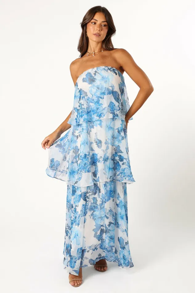 Strapless Dresses Petal and Pup Women Bloom Strapless Maxi Dress Blue White Floral