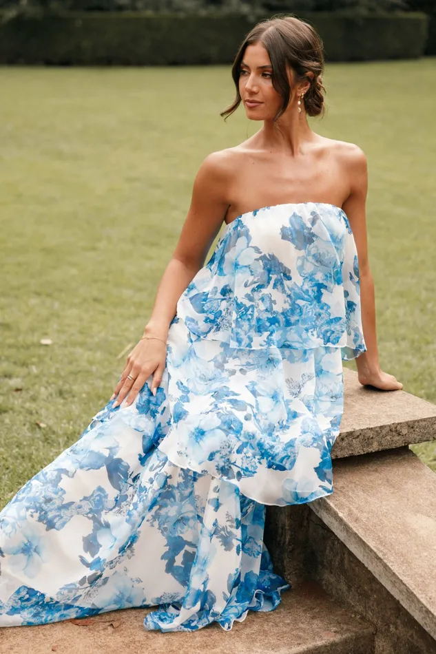 Strapless Dresses Petal and Pup Women Bloom Strapless Maxi Dress Blue White Floral
