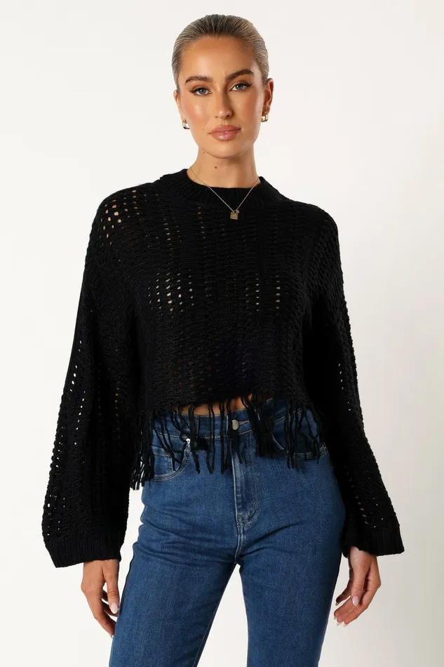 Sweaters Katalina Fringe Crop Knit Sweater Black 8211 Petal and Pup Women