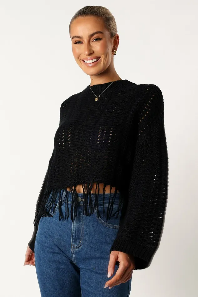 Sweaters Katalina Fringe Crop Knit Sweater Black 8211 Petal and Pup Women