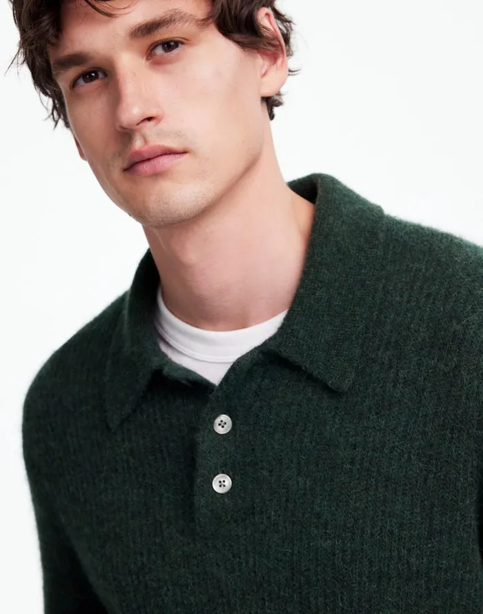 Sweaters Men Madewell AlpacaBlend Sweater Polo Shirt Heather Black Pine