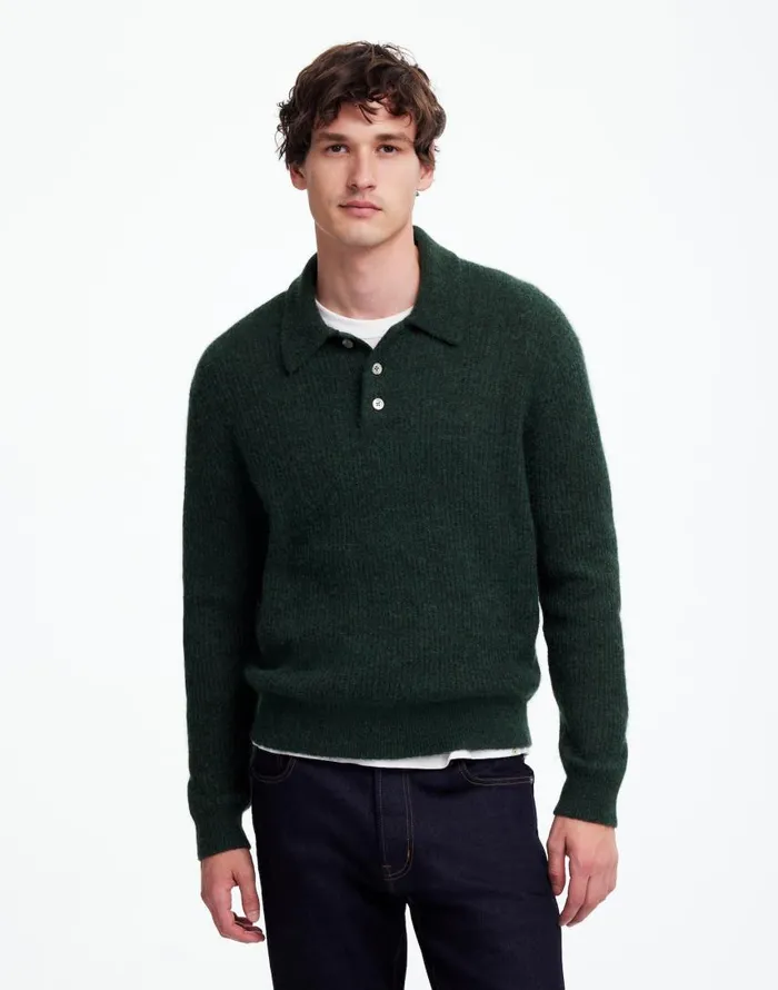 Sweaters Men Madewell AlpacaBlend Sweater Polo Shirt Heather Black Pine