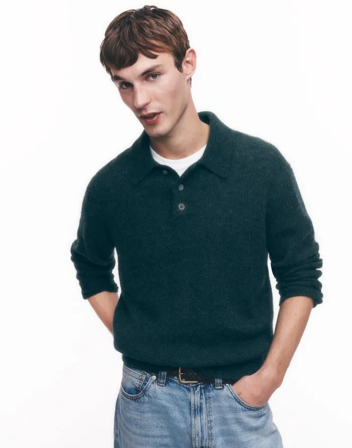 Sweaters Men Madewell AlpacaBlend Sweater Polo Shirt Heather Black Pine
