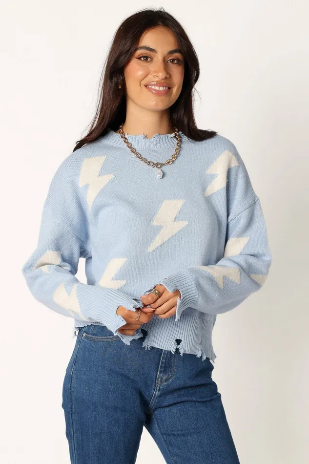 Sweaters Petal and Pup Women Lightning Bolt Printed Fray Detail Knit Sweater Light Blue