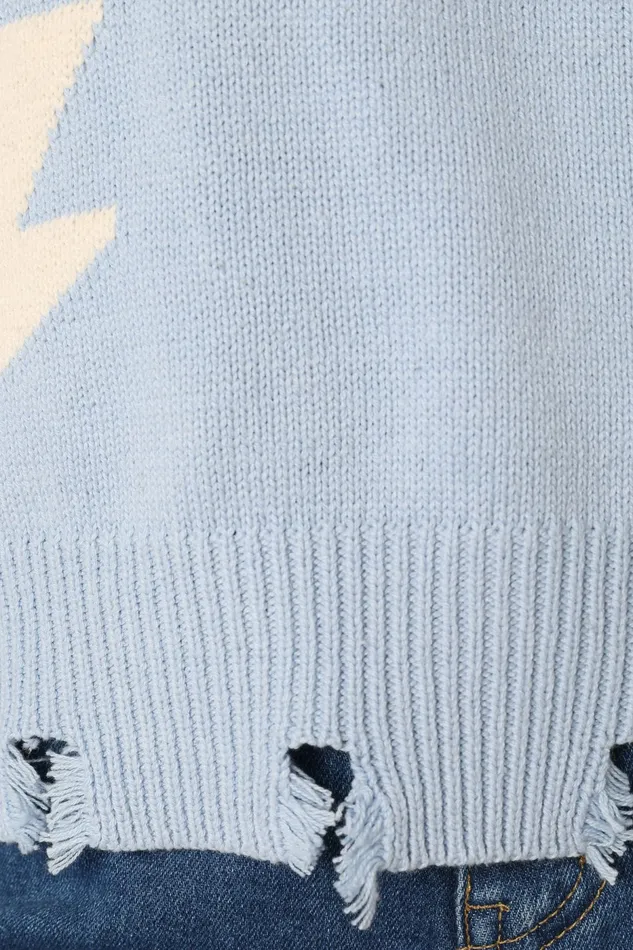 Sweaters Petal and Pup Women Lightning Bolt Printed Fray Detail Knit Sweater Light Blue