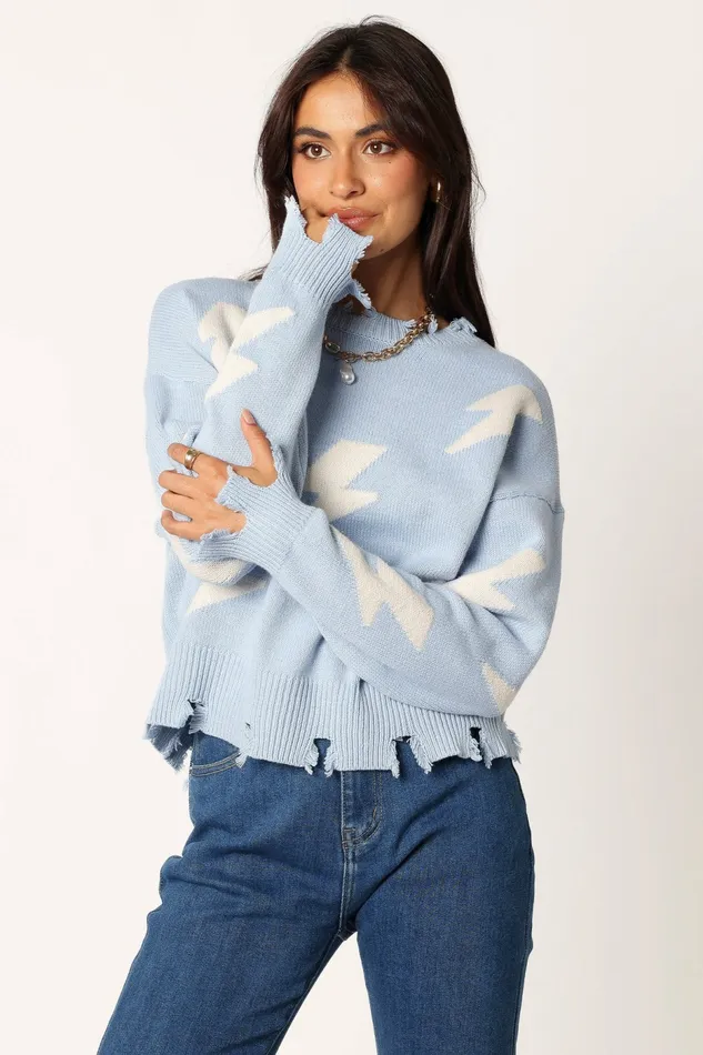 Sweaters Petal and Pup Women Lightning Bolt Printed Fray Detail Knit Sweater Light Blue