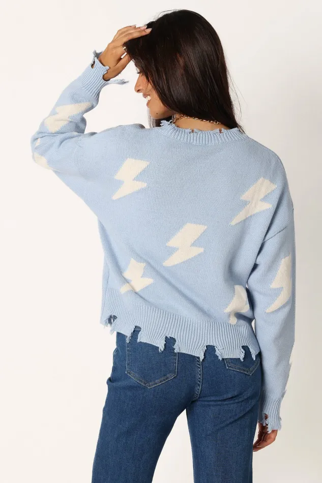 Sweaters Petal and Pup Women Lightning Bolt Printed Fray Detail Knit Sweater Light Blue