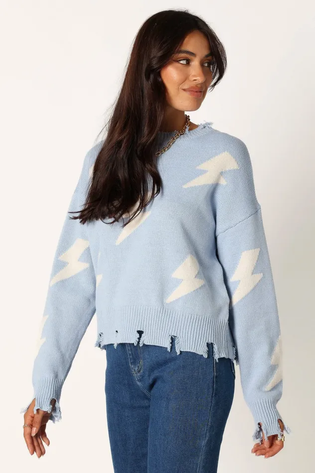 Sweaters Petal and Pup Women Lightning Bolt Printed Fray Detail Knit Sweater Light Blue