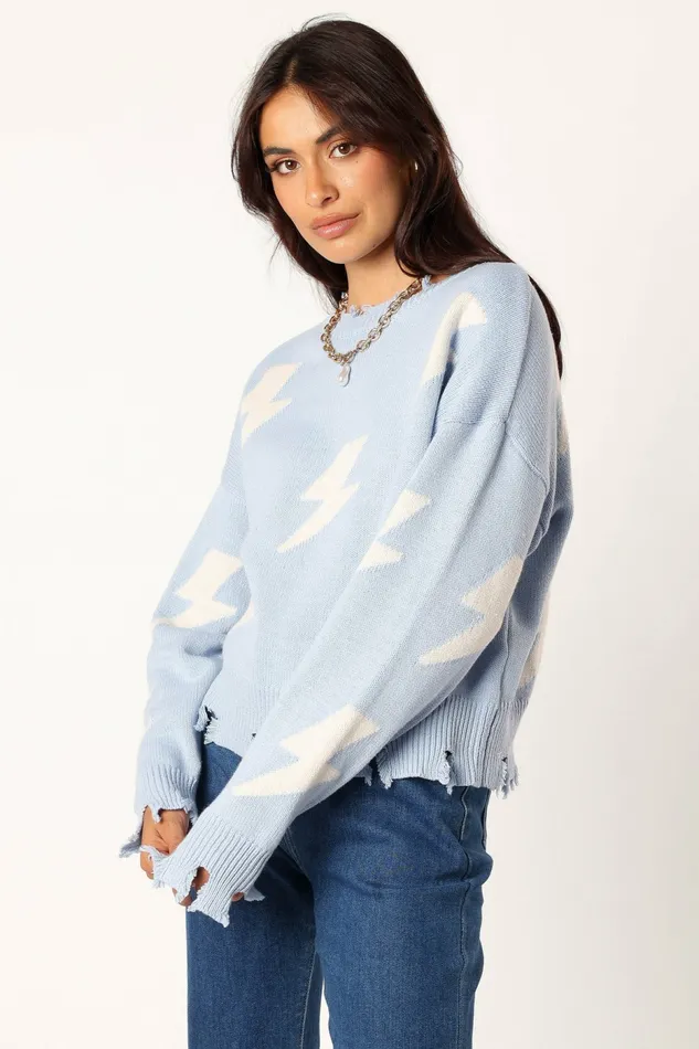 Sweaters Petal and Pup Women Lightning Bolt Printed Fray Detail Knit Sweater Light Blue