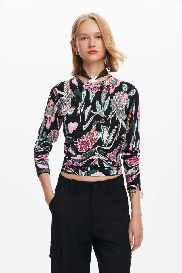 Sweaters Women Desigual Botanical Print Knit Sweater Black