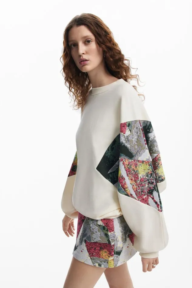 Sweaters Women Desigual Sweatshirt With Printed Sleeves M Christian Lacroix White
