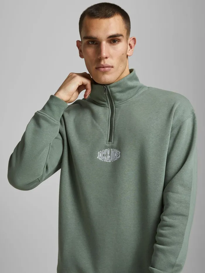 Sweatshirts JACK and JONES Mens HALF ZIPPED SWEATSHIRT Green Sea Spray Popular