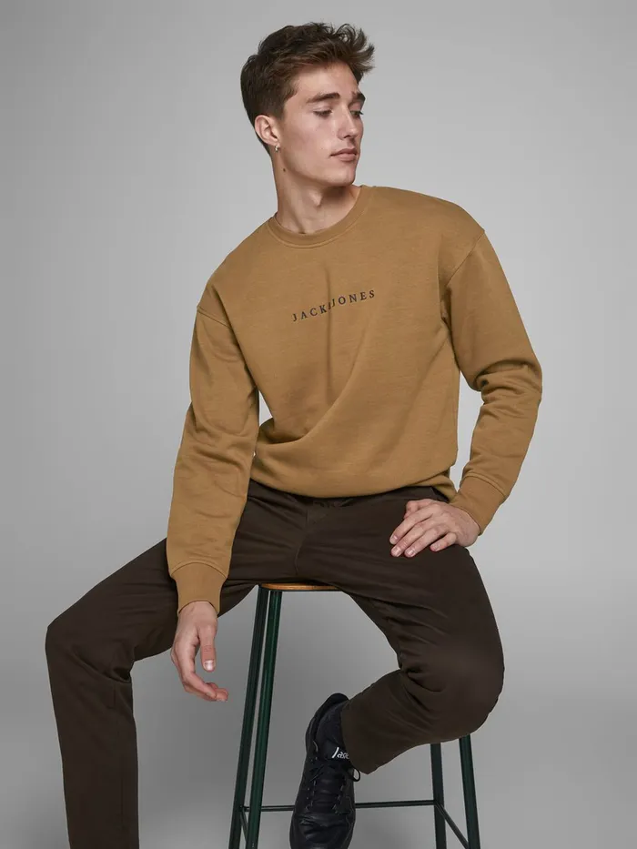 Sweatshirts JACK and JONES Mens LOGO CREW NECK SWEATSHIRT Brown Rubber Online