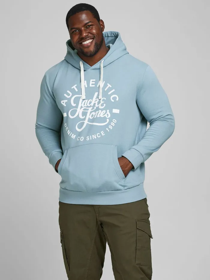 Sweatshirts JACK and JONES Mens LOGO PLUS SIZE HOODIE Blue Faded Denim Popular