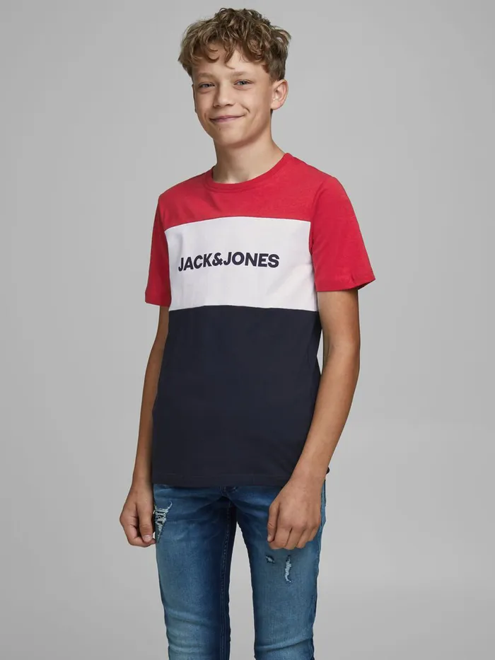 Tshirts JACK and JONES Junior BOYS LOGO BLOCK TSHIRT Red Tango Red On Sale