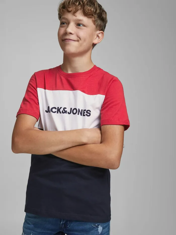 Tshirts JACK and JONES Junior BOYS LOGO BLOCK TSHIRT Red Tango Red On Sale