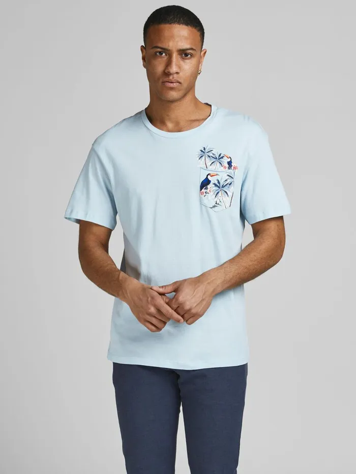 Tshirts JACK and JONES Mens TROPICAL PRINT CHEST POCKET TSHIRT Pastel Angel Falls Casaul