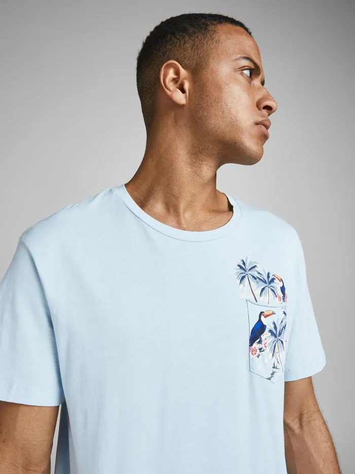 Tshirts JACK and JONES Mens TROPICAL PRINT CHEST POCKET TSHIRT Pastel Angel Falls Casaul