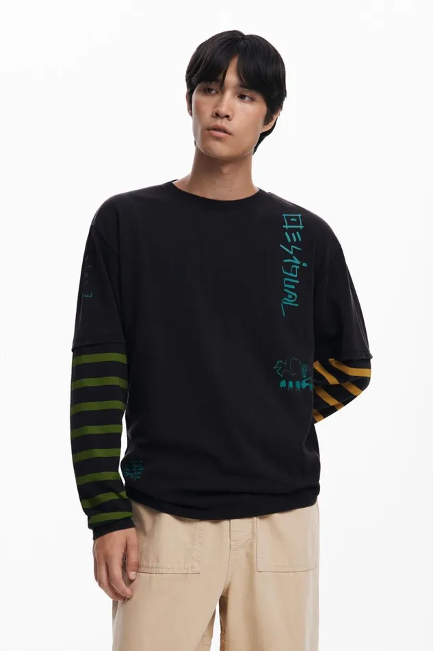 Tshirts Men Desigual Double Sleeve Tshirt Black
