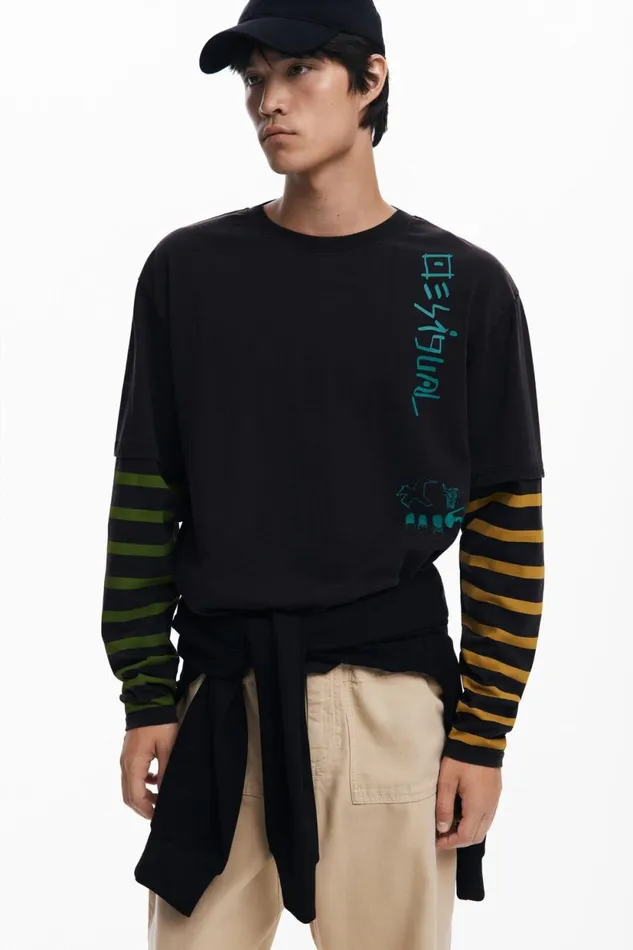 Tshirts Men Desigual Double Sleeve Tshirt Black