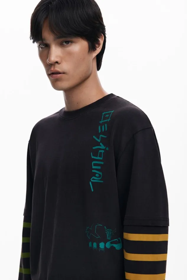 Tshirts Men Desigual Double Sleeve Tshirt Black