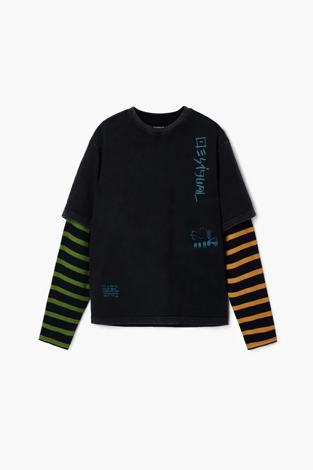 Tshirts Men Desigual Double Sleeve Tshirt Black