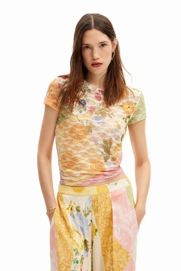 TShirts Women Desigual Lace Tshirt With Floral Pattern Materialfinishes