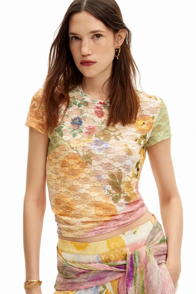 TShirts Women Desigual Lace Tshirt With Floral Pattern Materialfinishes